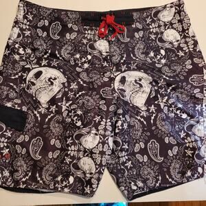 Joe Boxer Skull Board Shorts Brown Graffiti Paisley Lightning Stars Grunge sz 38